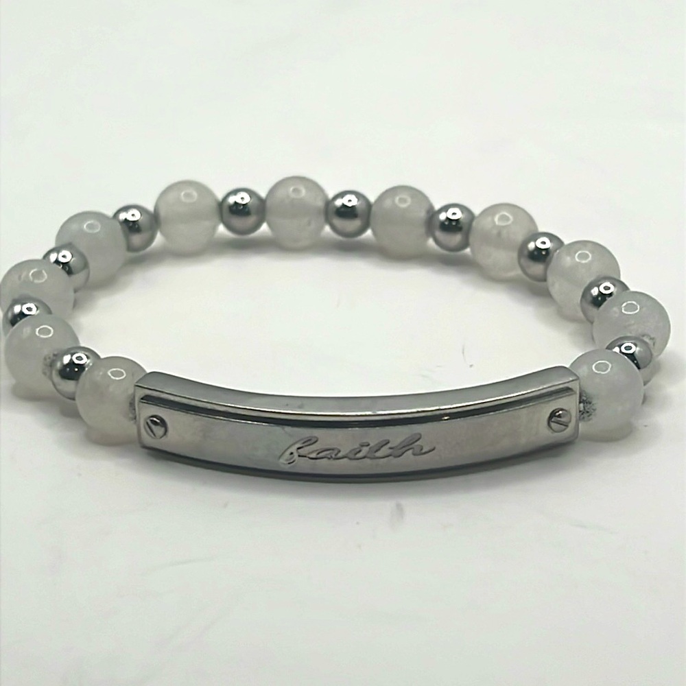Rustic Cuff Silver and Gray Beaded Bracelet with “faith” written on it.